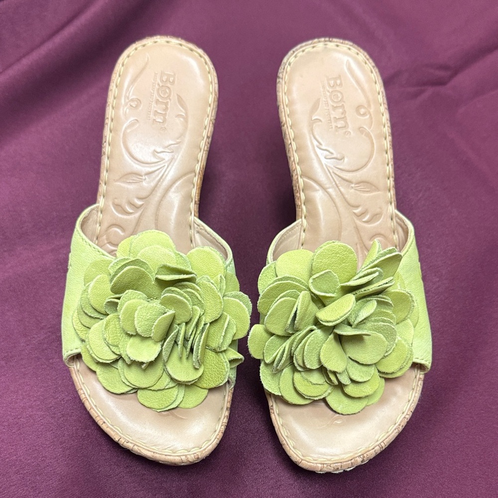 Born Lime Green Floral Slide Wedge Sandal - Size 8